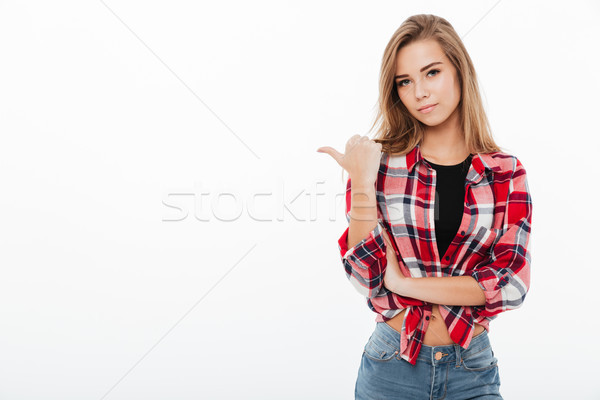 Portré csinos lány kockás póló áll Stock fotó © deandrobot