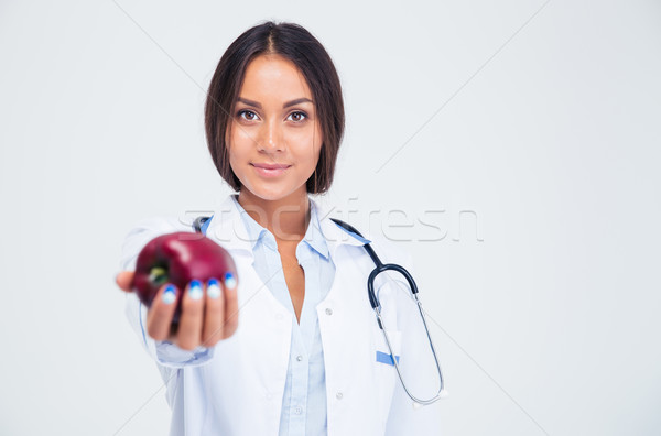Сток-фото: портрет · Cute · женщины · врач · яблоко · камеры