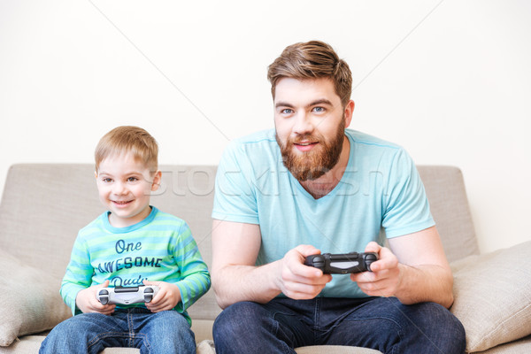 Foto stock: Sorridente · pai · filho · jogar · computador · jogos