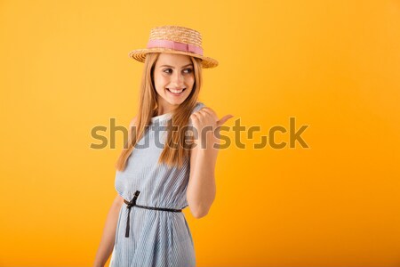 Souriant brunette femme robe chapeau [[stock_photo]] © deandrobot
