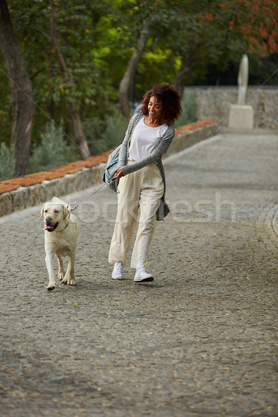 Funny healthy lady running in the morning with her dog in park Stock photo © deandrobot