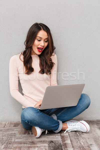 Full-length photo of excited woman interacting with online pal u Stock photo © deandrobot