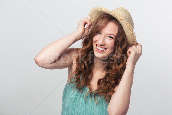 Imagine de stoc: Portret · râs · femeie · pălărie · prezinta · izolat