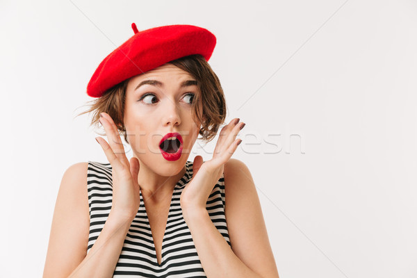 Portré megrémült nő piros svájcisapka sikít Stock fotó © deandrobot