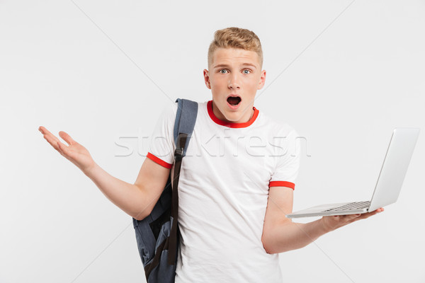 Image of teenage guy 16-18 years old in t-shirt with backpack ho Stock photo © deandrobot