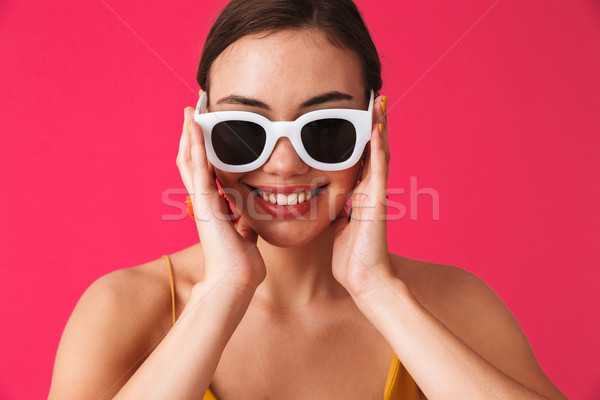 Photo closeup of european cheerful woman 20s wearing fashion ear Stock photo © deandrobot