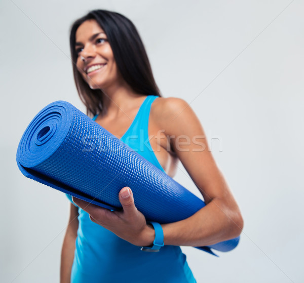 Stockfoto: Fitness · vrouw · yogamat · glimlachend · grijs · focus