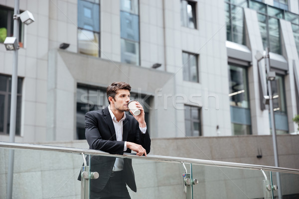 Foto stock: Empresário · pensando · potável · café · cidade · pensativo