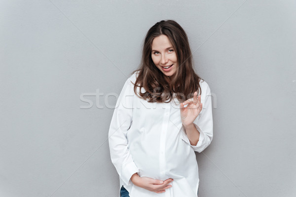 Mystère femme enceinte studio isolé gris mode Photo stock © deandrobot
