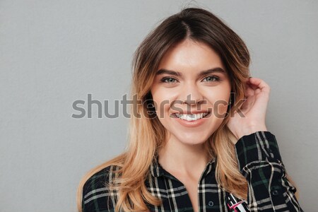 Portret glimlachend gelukkig tienermeisje denim Stockfoto © deandrobot