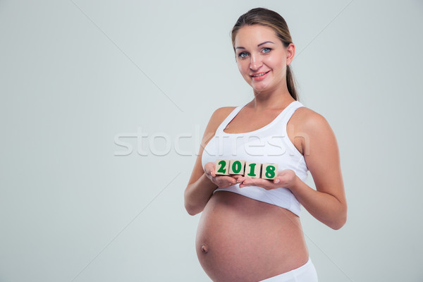 Foto stock: Mujer · embarazada · número · ladrillos · retrato · feliz