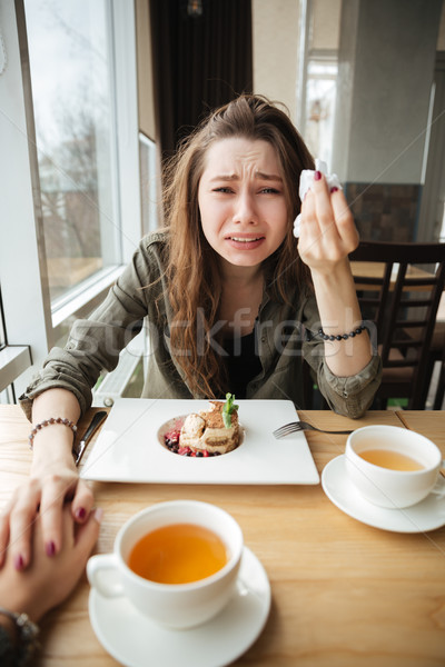 Ağlayan kadın kafe oturma konuşma arkadaş Stok fotoğraf © deandrobot