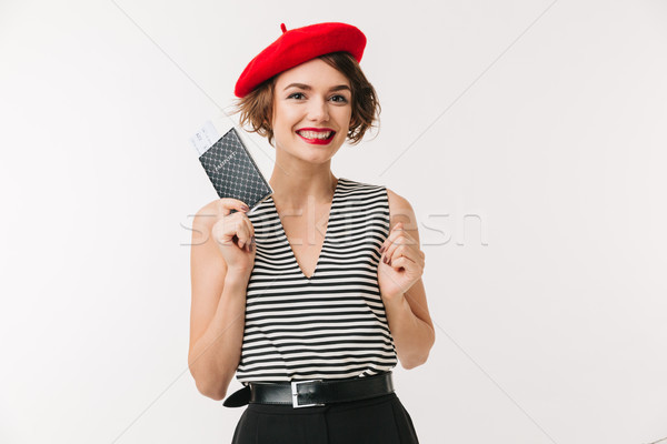 портрет счастливым женщину красный берет Сток-фото © deandrobot