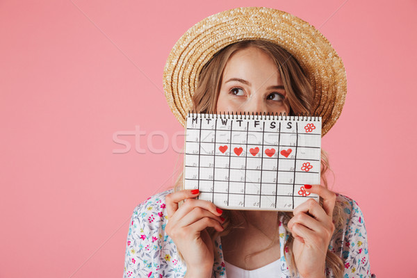 Porträt ziemlich Strohhut halten Kalender Stock foto © deandrobot