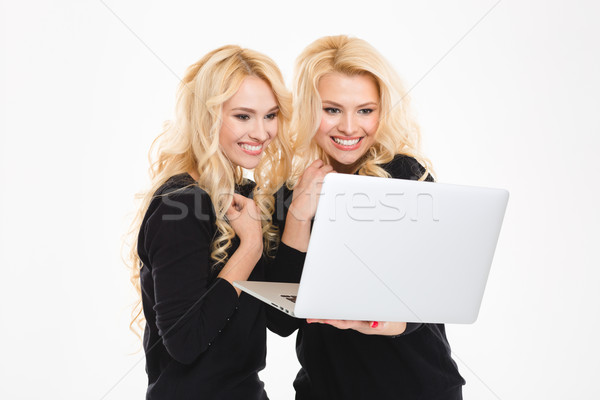 Csinos nővérek ikrek laptopot használ számítógép portré Stock fotó © deandrobot