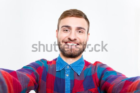 Fotó boldog mosolyog szakállas fickó kockás Stock fotó © deandrobot