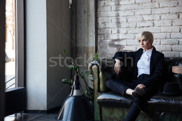 ブロンド 少女 座って カフェ 思考 ストックフォト © deandrobot