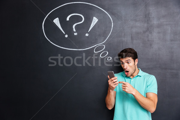 Shocked astonished man using mobile phone over blackboard Stock photo © deandrobot