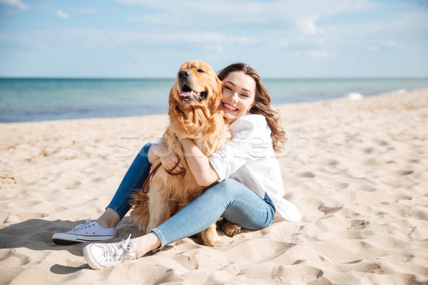 Foto stock: Feliz · mulher · sessão · cão · praia