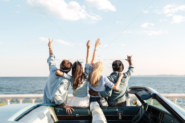 Hátulnézet barátok áll felemelt kezek autó boldog Stock fotó © deandrobot