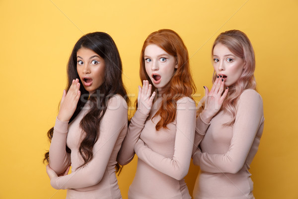 Three suprised ladies with crossed arms posing in studio Stock photo © deandrobot