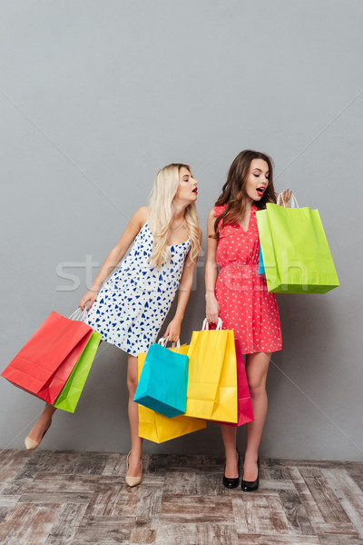 Koncentrált fiatal hölgyek tart bevásárlótáskák kép Stock fotó © deandrobot