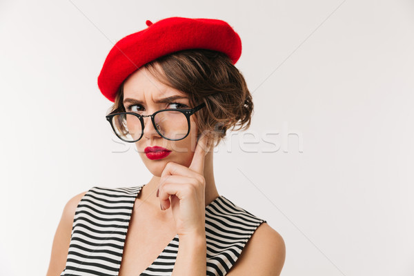 Stockfoto: Portret · teleurgesteld · vrouw · Rood · beret