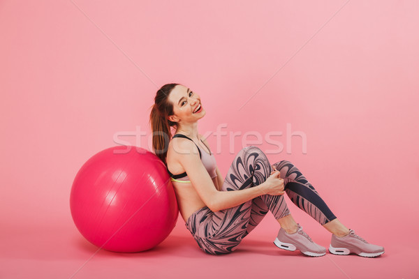 Stock foto: Seitenansicht · Sportlerin · Sitzung · Stock · Fitness · Ball