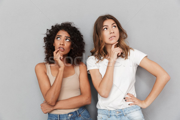 Portré kettő figyelmes fiatal nők másfelé néz izolált Stock fotó © deandrobot