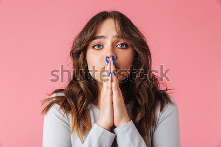 Stockfoto: Bezorgd · brunette · vrouw · jurk · bidden · bidden