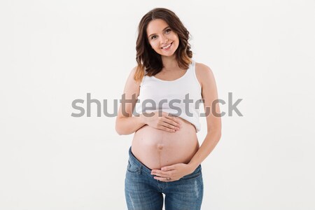 Foto stock: Retrato · feliz · mulher · grávida · flores · isolado