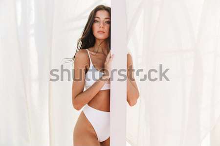 Femeie sexy în picioare portret acasă Imagine de stoc © deandrobot