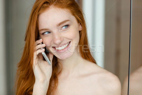 Vörös hajú nő nő beszél telefon portré boldog Stock fotó © deandrobot