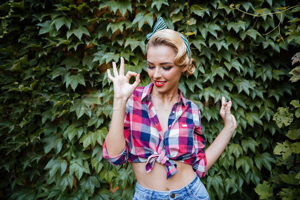 Smiling pin up girl showing ok gesture with both hands Stock photo © deandrobot
