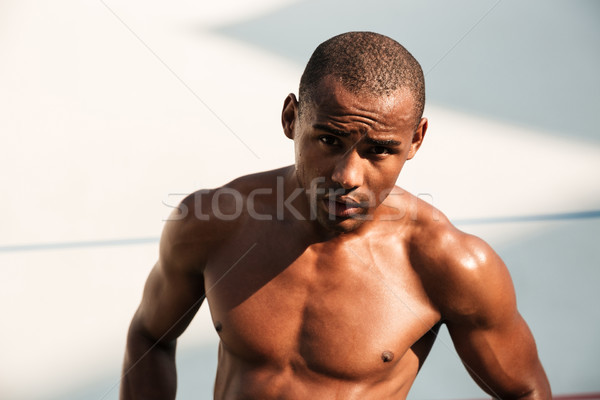 Közelkép portré izzadt jóképű afrikai sportok Stock fotó © deandrobot