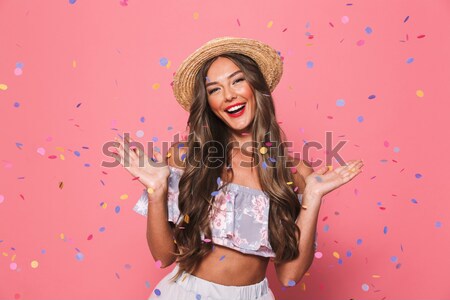 Portré boldog fiatal nő fürdőruha elvesz konfetti Stock fotó © deandrobot