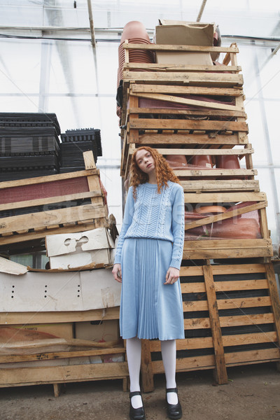 Girl near boxes in orangery Stock photo © deandrobot