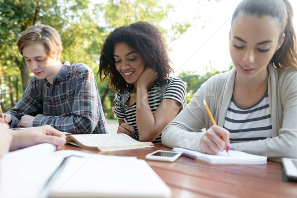 Happy young people friends sitting and studying outdoors Stock photo © deandrobot