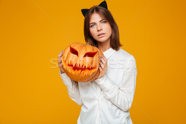 Komoly fiatal nő őrült macska halloween jelmez Stock fotó © deandrobot