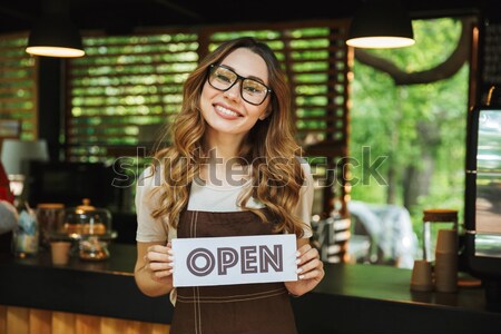 Nő áll erkély kávé portré boldog Stock fotó © deandrobot
