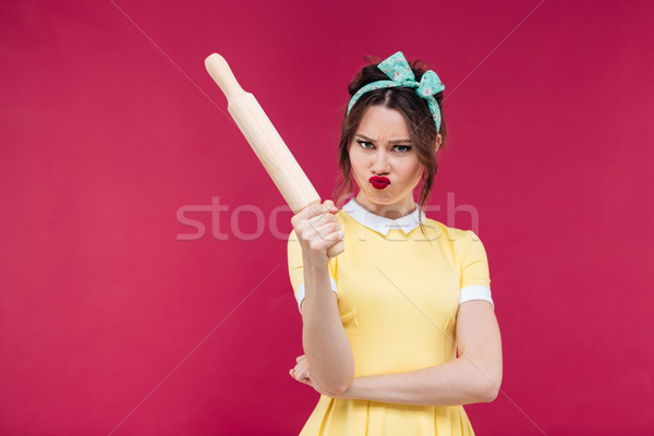 Foto stock: Louco · mulher · jovem · amarelo · vestir · pino · do · rolo