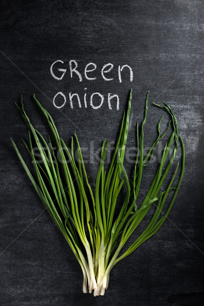 Photo of green onion over dark chalkboard background. Stock photo © deandrobot