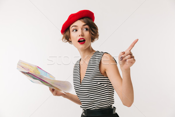 портрет возбужденный женщину красный берет Сток-фото © deandrobot