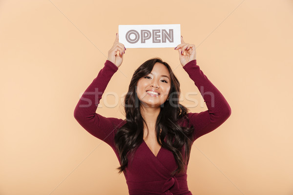 Picture of beautiful woman in maroon dress holding sign with wor Stock photo © deandrobot