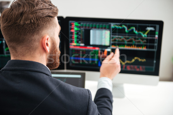 Hátulnézet üzletember grafikonok számítógép szakállas fiatal Stock fotó © deandrobot