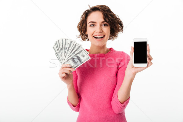 Foto stock: Retrato · sorridente · menina · feliz · monte · dinheiro