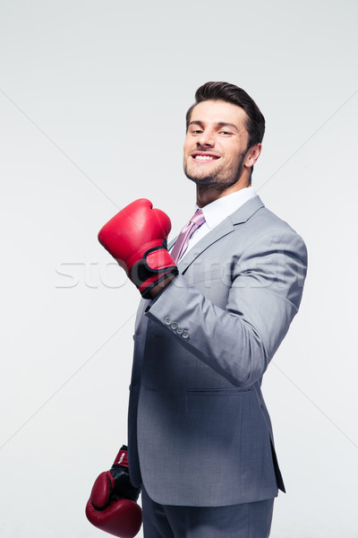 Smiling businessman in boxing gloves Stock photo © deandrobot