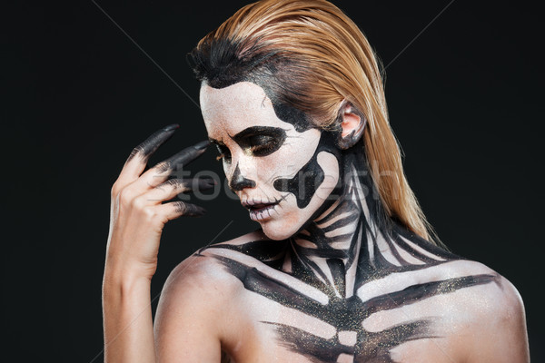 Retrato mulher cabelo loiro halloween esqueleto make-up Foto stock © deandrobot