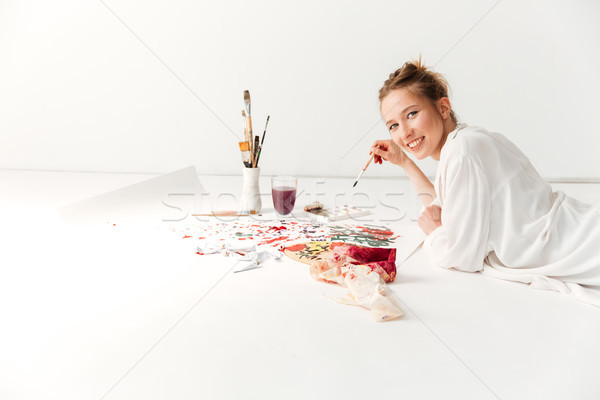 счастливым молодые кавказский Lady художника workspace Сток-фото © deandrobot