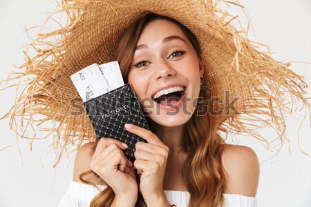 Stock photo: Happy cute woman make selfie by camera.